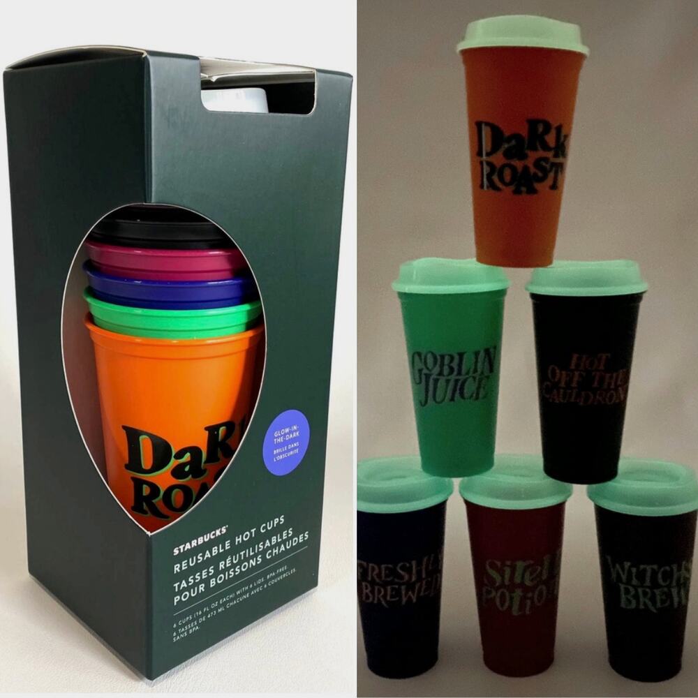 STARBUCKS HALLOWEEN REUSABLE HOT CUPS GLOW IN THE DARK WITH LID 16 OZ NEW